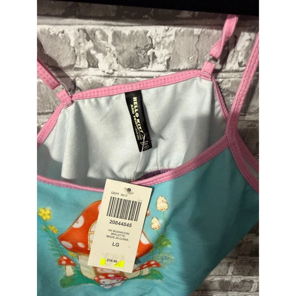 Hello Kitty and Friends Mushroom Bralette Aqua Pink Lace Trim Crop Top LG NWT